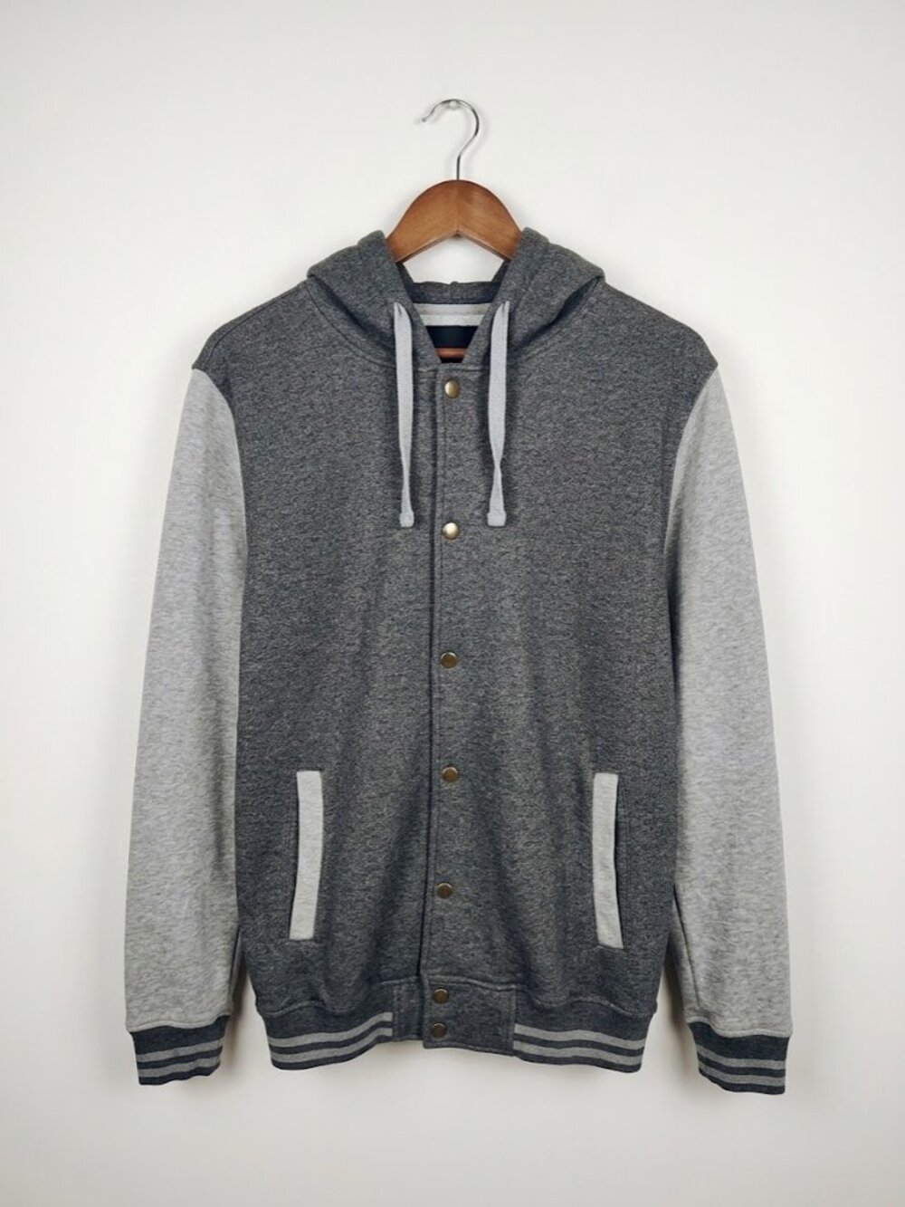 Men's Charcoal Gray Hooded Varsity Letterman Jacket - Size: Large